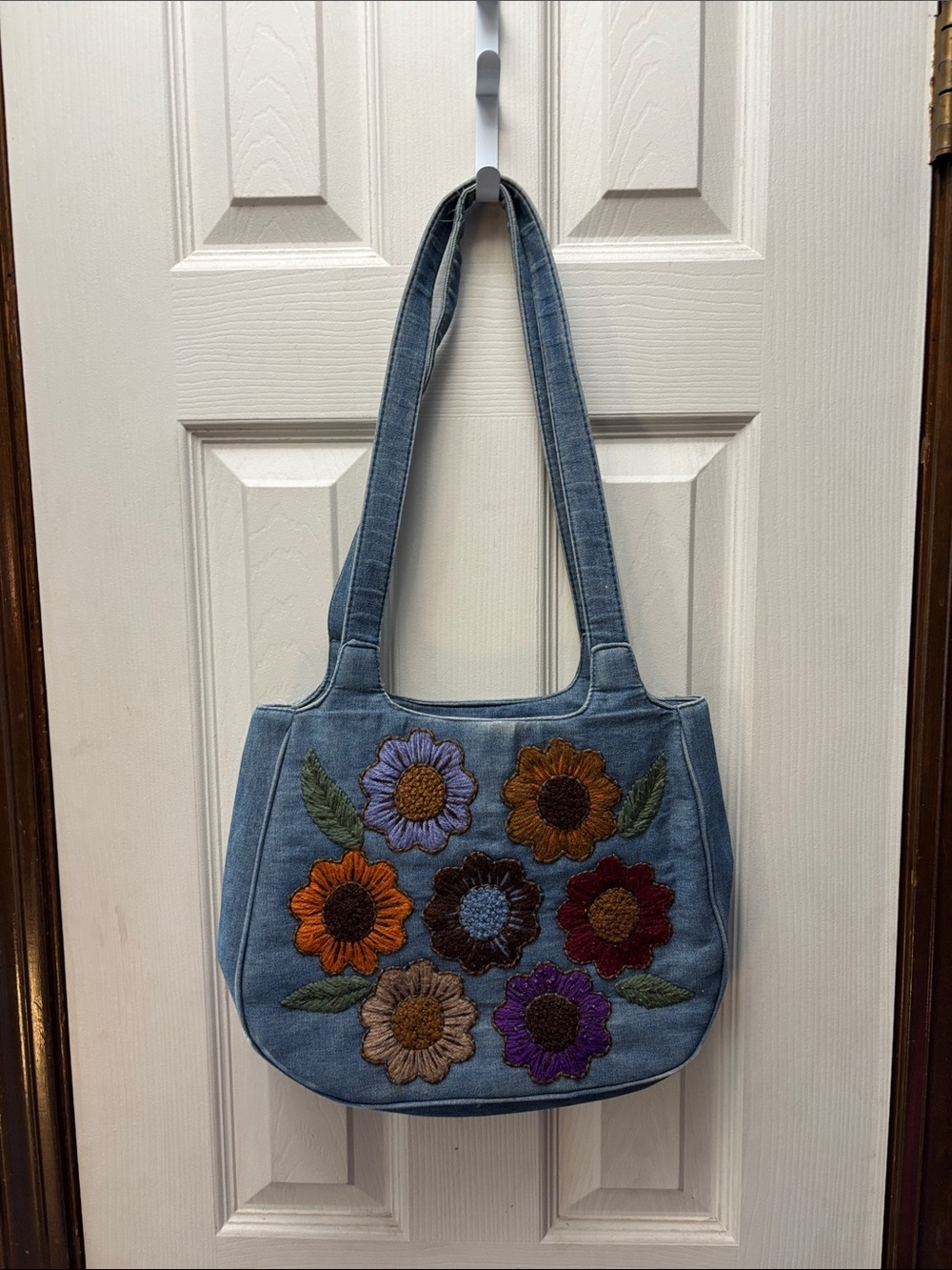 Blue Denim Shoulder Bag with Multicolor Floral Embroidery